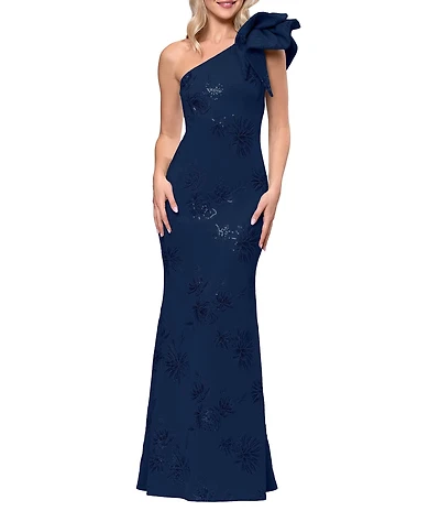 Betsy & Adam Techno Scuba Sequin One Shoulder Bow Long Dress