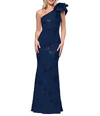 Betsy & Adam Techno Scuba Sequin One Shoulder Bow Long Dress