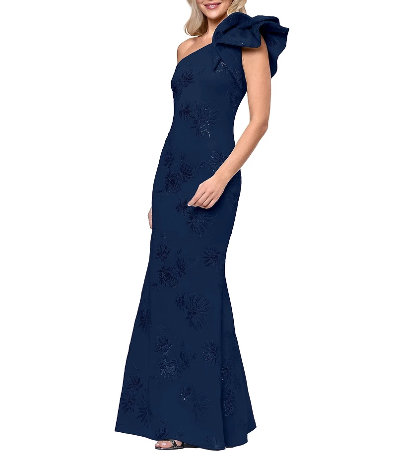 Betsy & Adam Techno Scuba Sequin One Shoulder Bow Long Dress