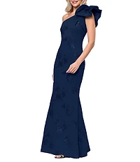Betsy & Adam Techno Scuba Sequin One Shoulder Bow Long Dress
