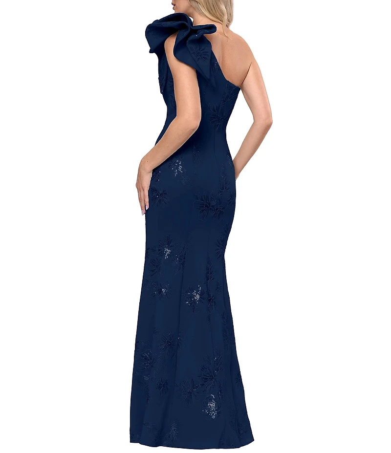 Betsy & Adam Techno Scuba Sequin One Shoulder Bow Long Dress