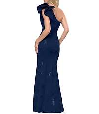 Betsy & Adam Techno Scuba Sequin One Shoulder Bow Long Dress