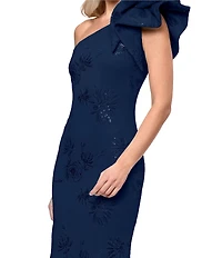 Betsy & Adam Techno Scuba Sequin One Shoulder Bow Long Dress