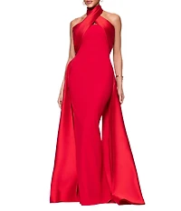 Betsy & Adam Twist Front Halter Sleevess Mixed Media Column Gown With Overlay