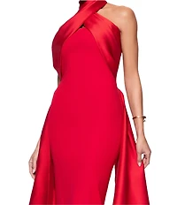 Betsy & Adam Twist Front Halter Sleevess Mixed Media Column Gown With Overlay