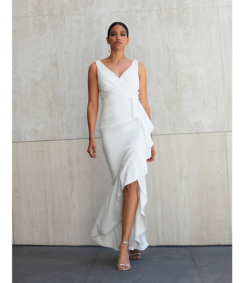 Betsy & Adam Sleeveless V-Neck Spiral Ruffle Cascade Gown