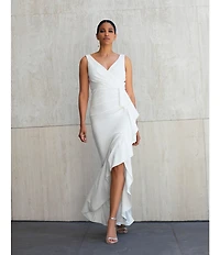 Betsy & Adam Sleeveless V-Neck Spiral Ruffle Cascade Gown