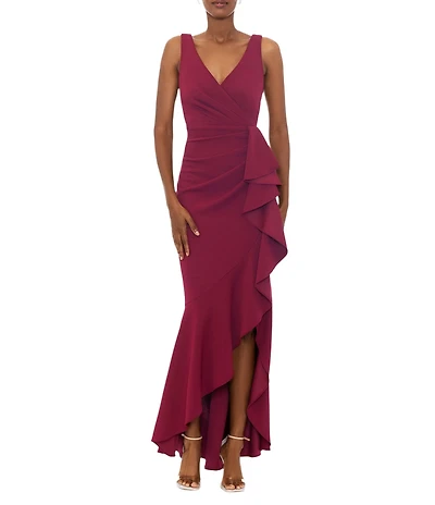 Betsy & Adam Sleeveless V-Neck Spiral Ruffle Cascade Gown