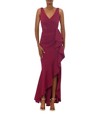 Betsy & Adam Sleeveless V-Neck Spiral Ruffle Cascade Gown