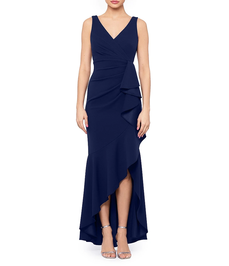 Betsy & Adam Sleeveless V-Neck Spiral Ruffle Cascade Gown