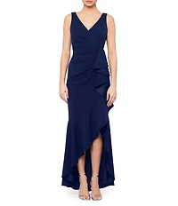 Betsy & Adam Sleeveless V-Neck Spiral Ruffle Cascade Gown