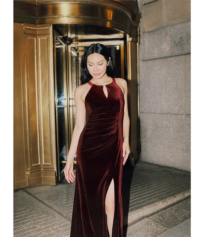 Betsy & Adam Velvet Keyhole Halter Dress