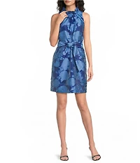 Betty Ruffle Mock Neck Tie Waist Floral Mini Shift Dress