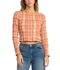Billabong Check Me Out Yarn-Dyed Plaid Checked Long Sleeve Textured Knit Top