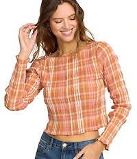 Billabong Check Me Out Yarn-Dyed Plaid Checked Long Sleeve Textured Knit Top