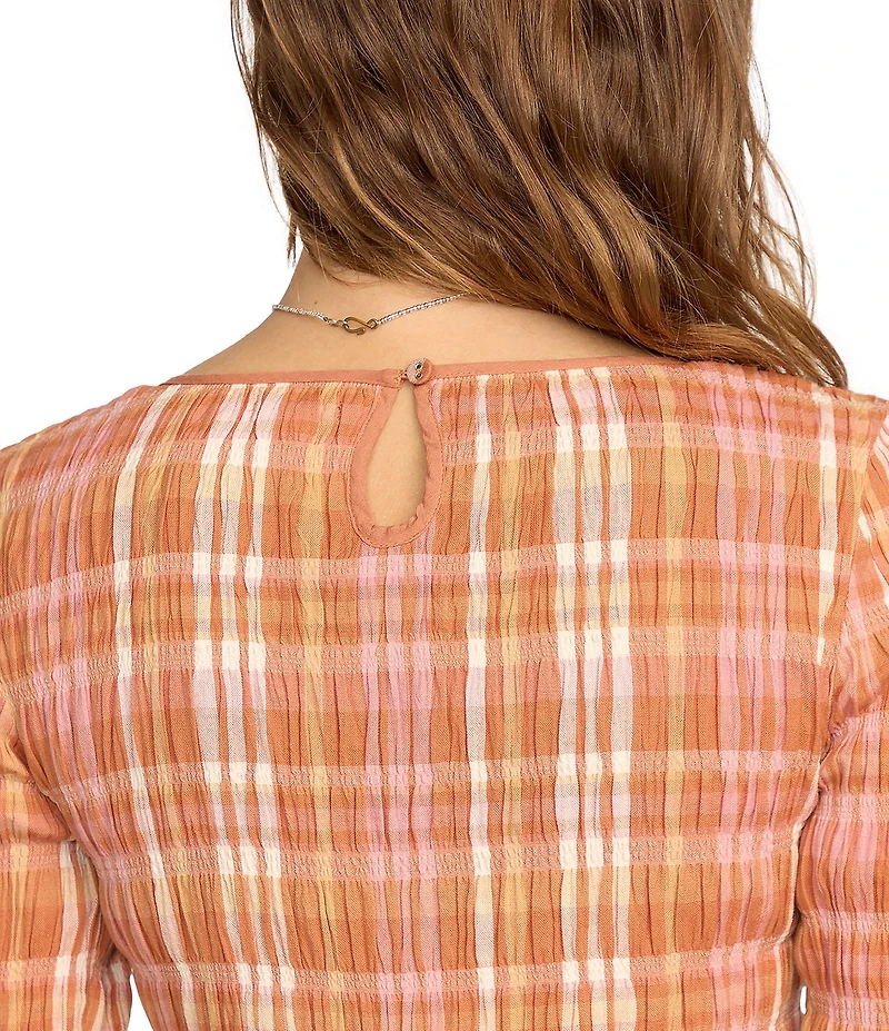 Billabong Check Me Out Yarn-Dyed Plaid Checked Long Sleeve Textured Knit Top