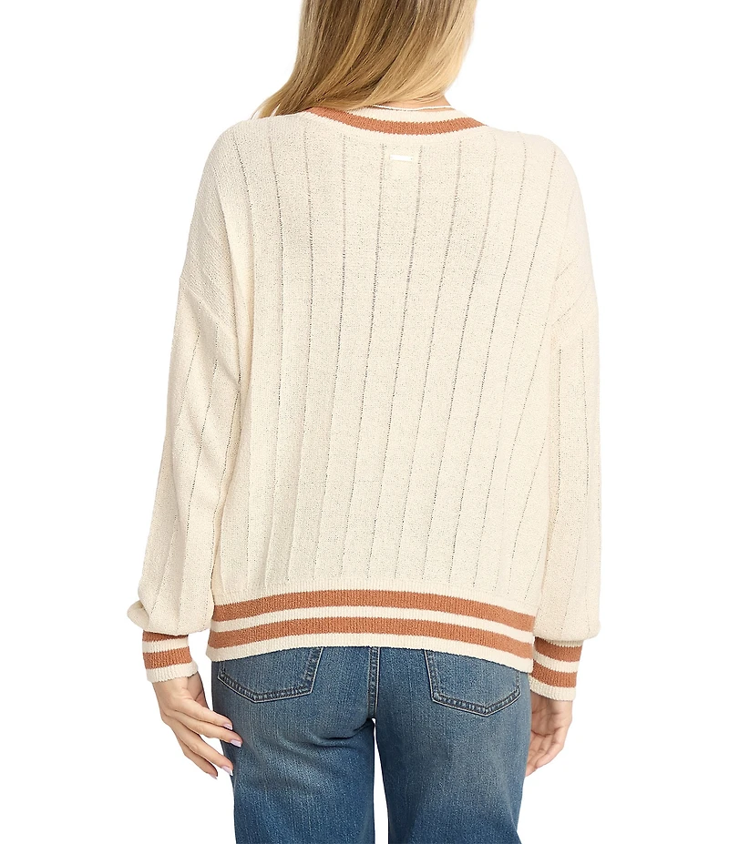Billabong Classic Days Striped Trim Long Sleeve Open Weave Loose Knit Sweater