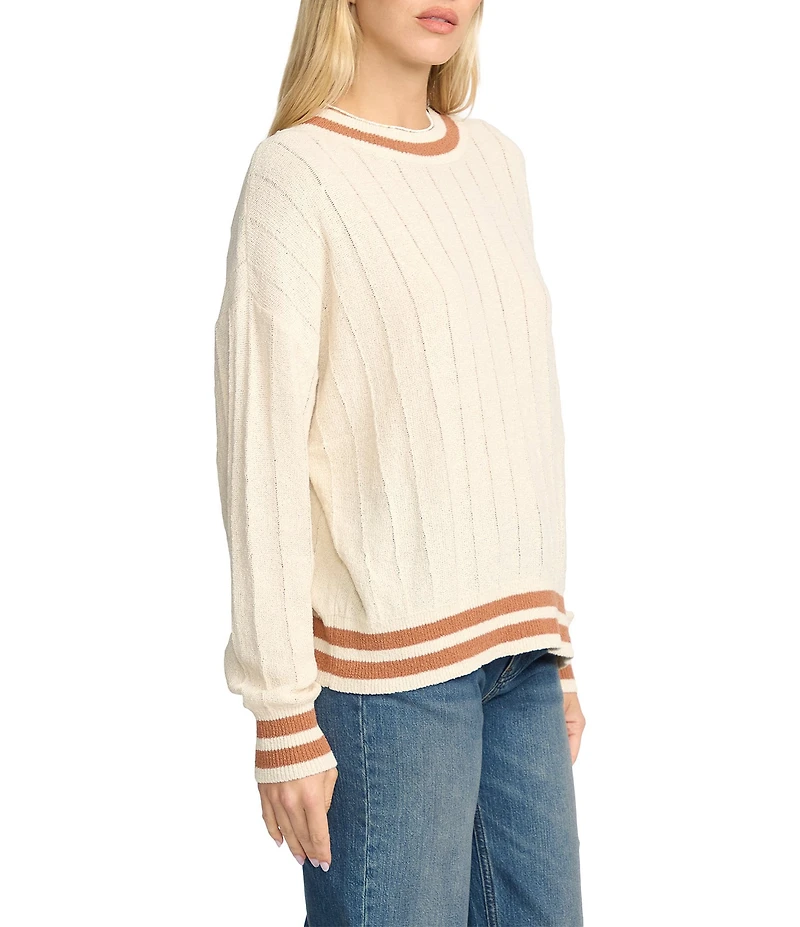 Billabong Classic Days Striped Trim Long Sleeve Open Weave Loose Knit Sweater