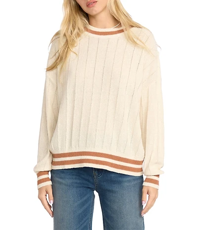 Billabong Classic Days Striped Trim Long Sleeve Open Weave Loose Knit Sweater