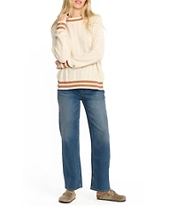 Billabong Classic Days Striped Trim Long Sleeve Open Weave Loose Knit Sweater