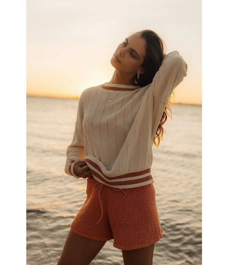 Billabong Classic Days Striped Trim Long Sleeve Open Weave Loose Knit Sweater