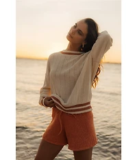 Billabong Classic Days Striped Trim Long Sleeve Open Weave Loose Knit Sweater