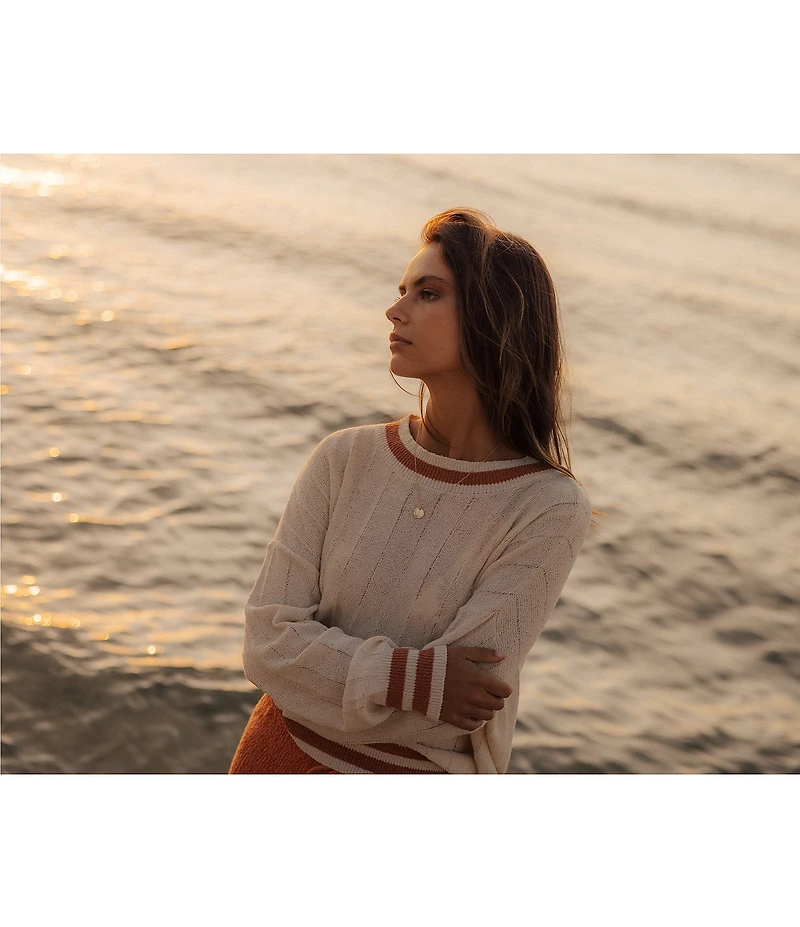 Billabong Classic Days Striped Trim Long Sleeve Open Weave Loose Knit Sweater