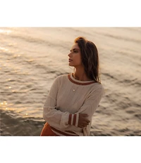 Billabong Classic Days Striped Trim Long Sleeve Open Weave Loose Knit Sweater