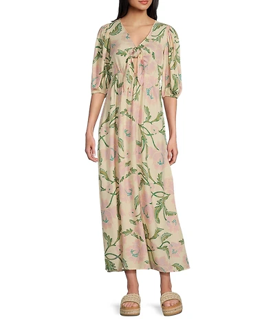 Billabong Night Fall Puff Sleeve Tie Front Floral Printed Maxi Dress