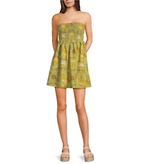 Billabong Tropical Haze Sleeveless Strapless Smocked Linen Blend Mini Dress
