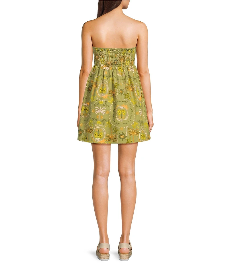 Billabong Tropical Haze Sleeveless Strapless Smocked Linen Blend Mini Dress