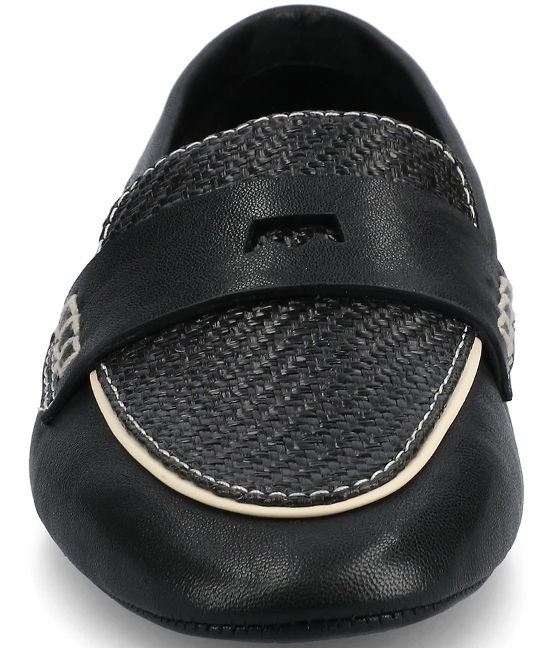 Birdies The Vesper Leather and Raffia Penny Driver Loafers