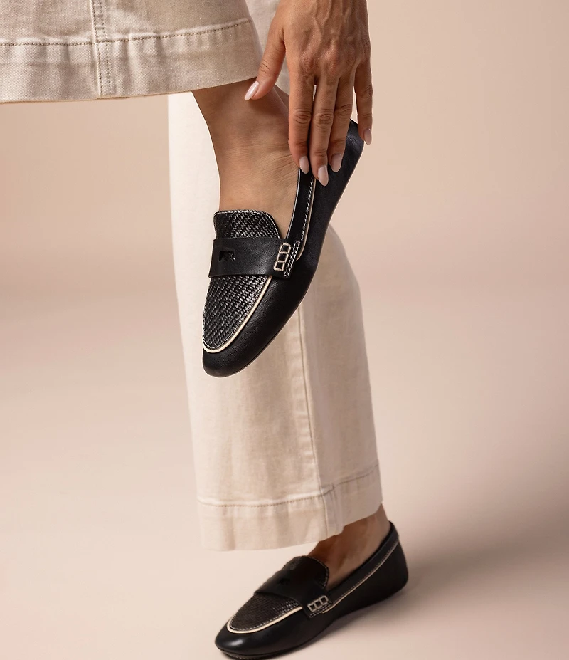 Birdies The Vesper Leather and Raffia Penny Driver Loafers