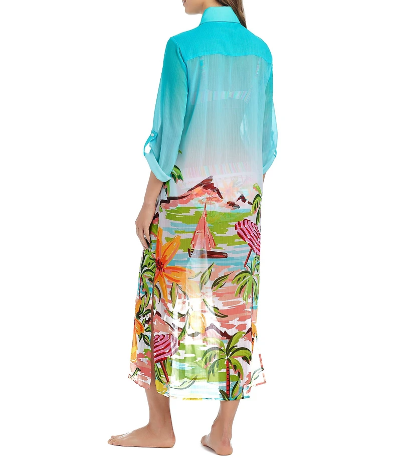 Bleu Rod Beattie Ciao Capri Chiffon Long Button Front Shirt Swim Cover-Up