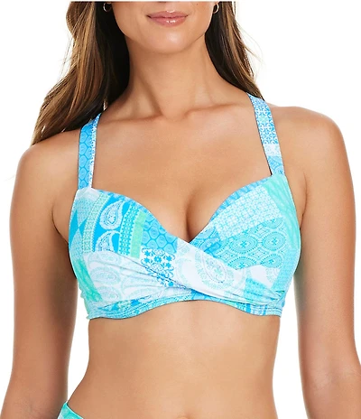 Bleu Rod Beattie Crazy Love Printed Sweetheart Neck Cross Back Underwire Bra Swim Top