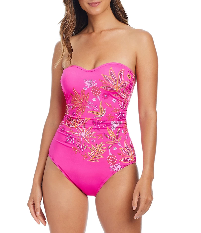 Bleu Rod Beattie Desert Bloom Strapless Sweetheart Shirred Bandeau One Piece Swimsuit