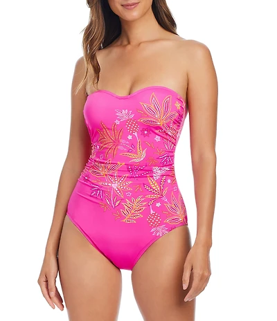 Bleu Rod Beattie Desert Bloom Strapless Sweetheart Shirred Bandeau One Piece Swimsuit