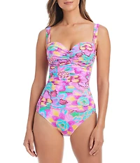 Bleu Rod Beattie Dream Weaver Floral Shirred Sweetheart Neck One Piece Swimsuit