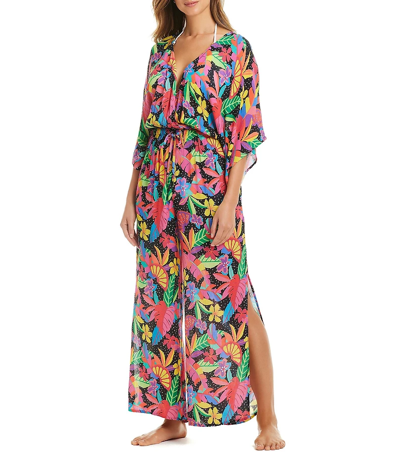 Bleu Rod Beattie Extra Bold Floral Print Chiffon Side Pocket Jumpsuit Swim Cover-Up