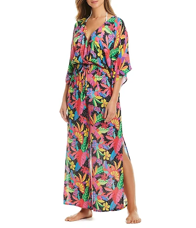 Bleu Rod Beattie Extra Bold Floral Print Chiffon Side Pocket Jumpsuit Swim Cover-Up