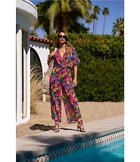 Bleu Rod Beattie Extra Bold Floral Print Chiffon Side Pocket Jumpsuit Swim Cover-Up