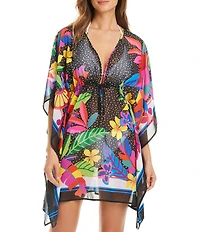 Bleu Rod Beattie Extra Bold Floral Print V-Neck Caftan Swim Cover-Up