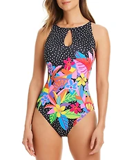 Bleu Rod Beattie Floral Print Extra Bold Keyhole High Neck One Piece Swimsuit