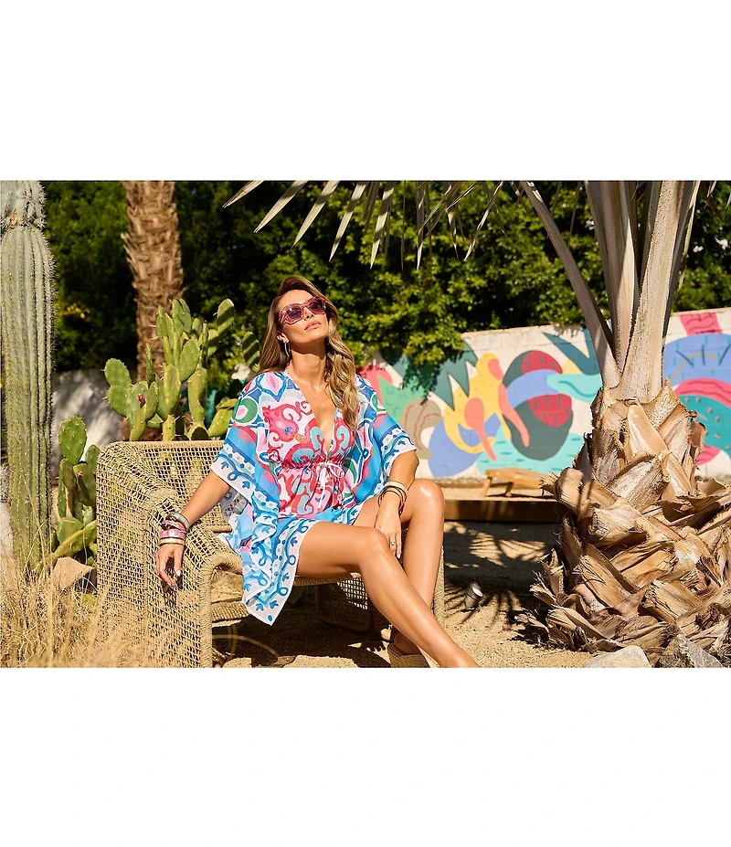 Bleu Rod Beattie Ibiza Bohemian Geometric Print Cap Sleeve Caftan Swim Cover-Up