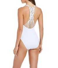 Bleu Rod Beattie La Cote D'Azur Solid Back Macrame Plunge One Piece Swimsuit