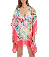 Bleu Rod Beattie Love Blooms Flutter Sleeves Caftan Swim Cover-Up