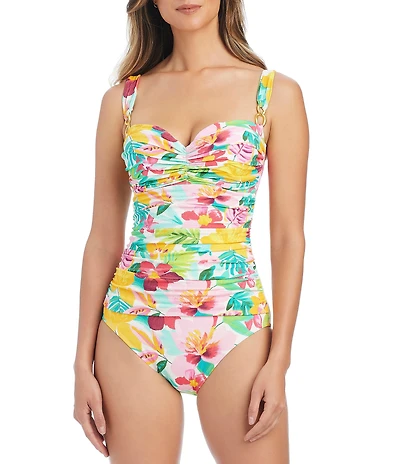 Bleu Rod Beattie Love Blooms Shirred Underwire Bra Bandeau One Piece Swimsuit