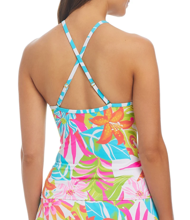Bleu Rod Beattie Packing A Punch Floral Print High Neck Front Lattice Tankini Swim Top
