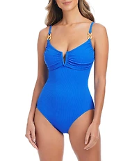 Bleu Rod Beattie Pique Ole V-Wire Neck Gold Hardware One Piece Swimsuit