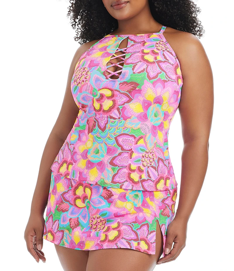 Bleu Rod Beattie Plus Size Dream Weaver Floral High Neck Tankini Swim Top